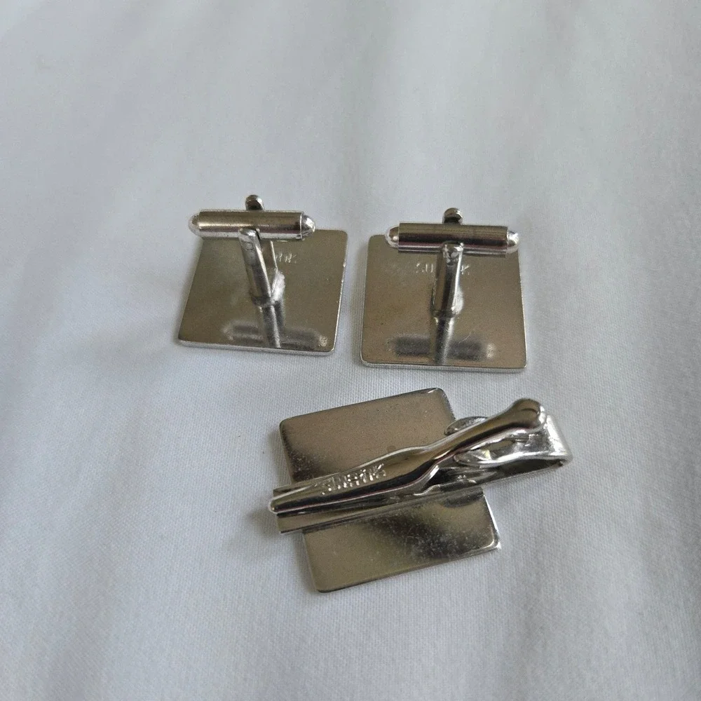 VTG Swank Horse Head Cufflinks Tie Clip Set OS Men Silver Tan Equestrian Jewelry